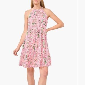 CeCe Pink Floral Tiered Halter Minidress Sleeveless Trapeze Sun Dress NWT